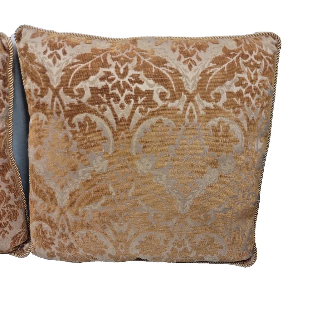 Set of 2 VTG Damask Throw Pillows Brown Gold Corded Trim 15x15 Jacquard Damask